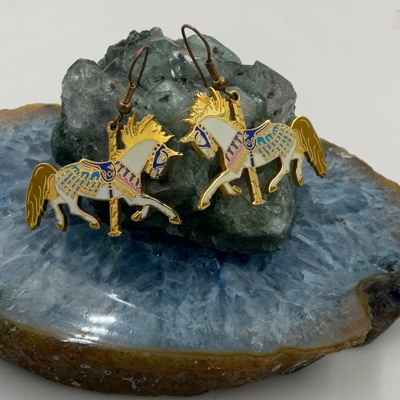 Carousel Classics Gold & Blue Carousel Horse French Wire Earrings W/Enamel Paint - Picture 2 of 6